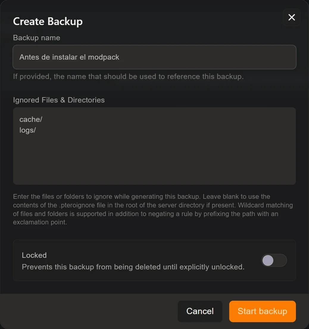 Ventana Create Backup del panel, con los campos Backup name, Ignored Files & Directories, el interruptor Locked y el botón Start backup