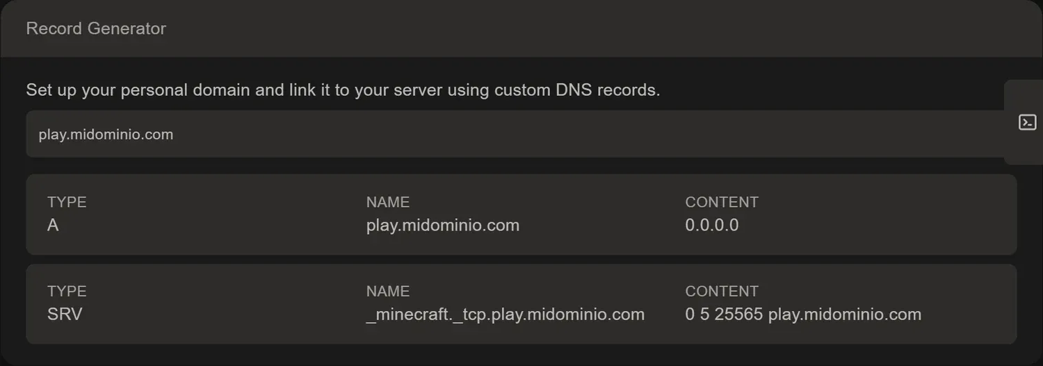 Record Generator de la pestaña Network, con el subdominio escrito y los dos registros generados debajo: uno de tipo A y otro de tipo SRV