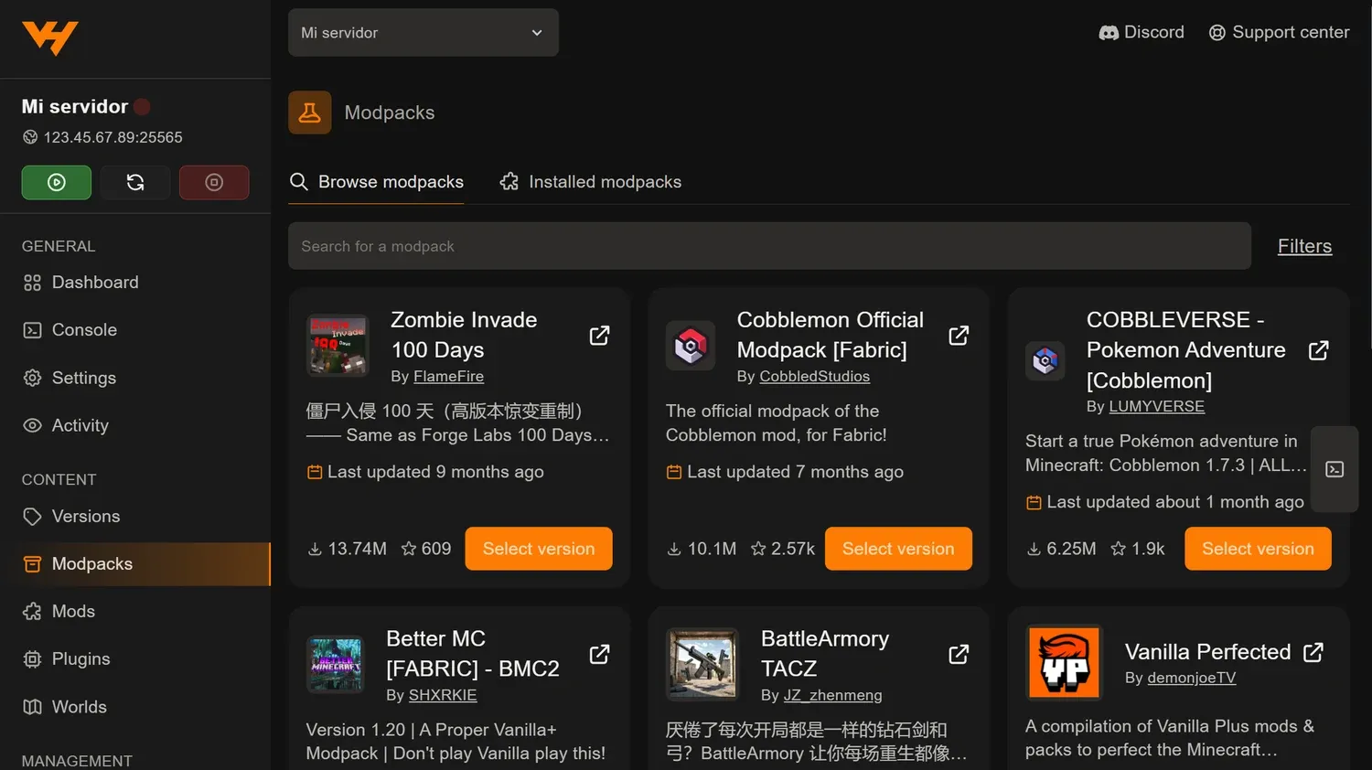 Pestaña Modpacks del panel con el buscador, los filtros y las tarjetas de los modpacks disponibles