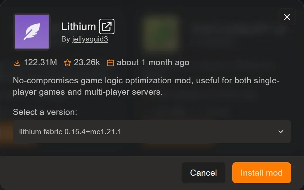 Ficha del mod Lithium con el desplegable mostrando la versión lithium fabric 0.15.4+mc1.21.1 seleccionada y el botón Install mod