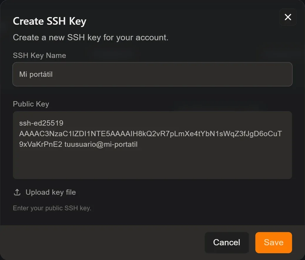 Ventana Create SSH Key con el campo SSH Key Name relleno y la clave pública pegada en el campo Public Key