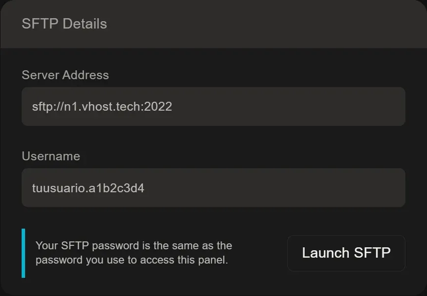 Bloque SFTP Details con el campo Server Address, el campo Username y el botón Launch SFTP