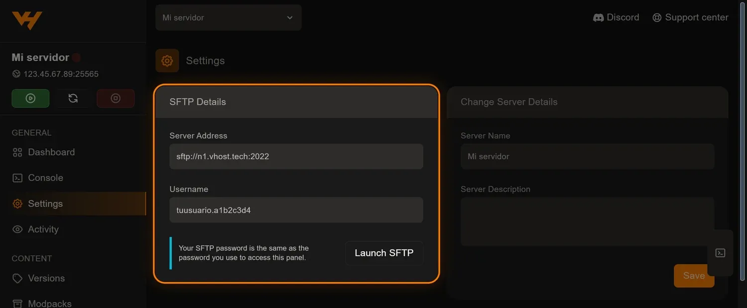 Pestaña Settings del panel de Vhost, con Settings resaltado en el menú lateral y el bloque SFTP Details arriba a la izquierda