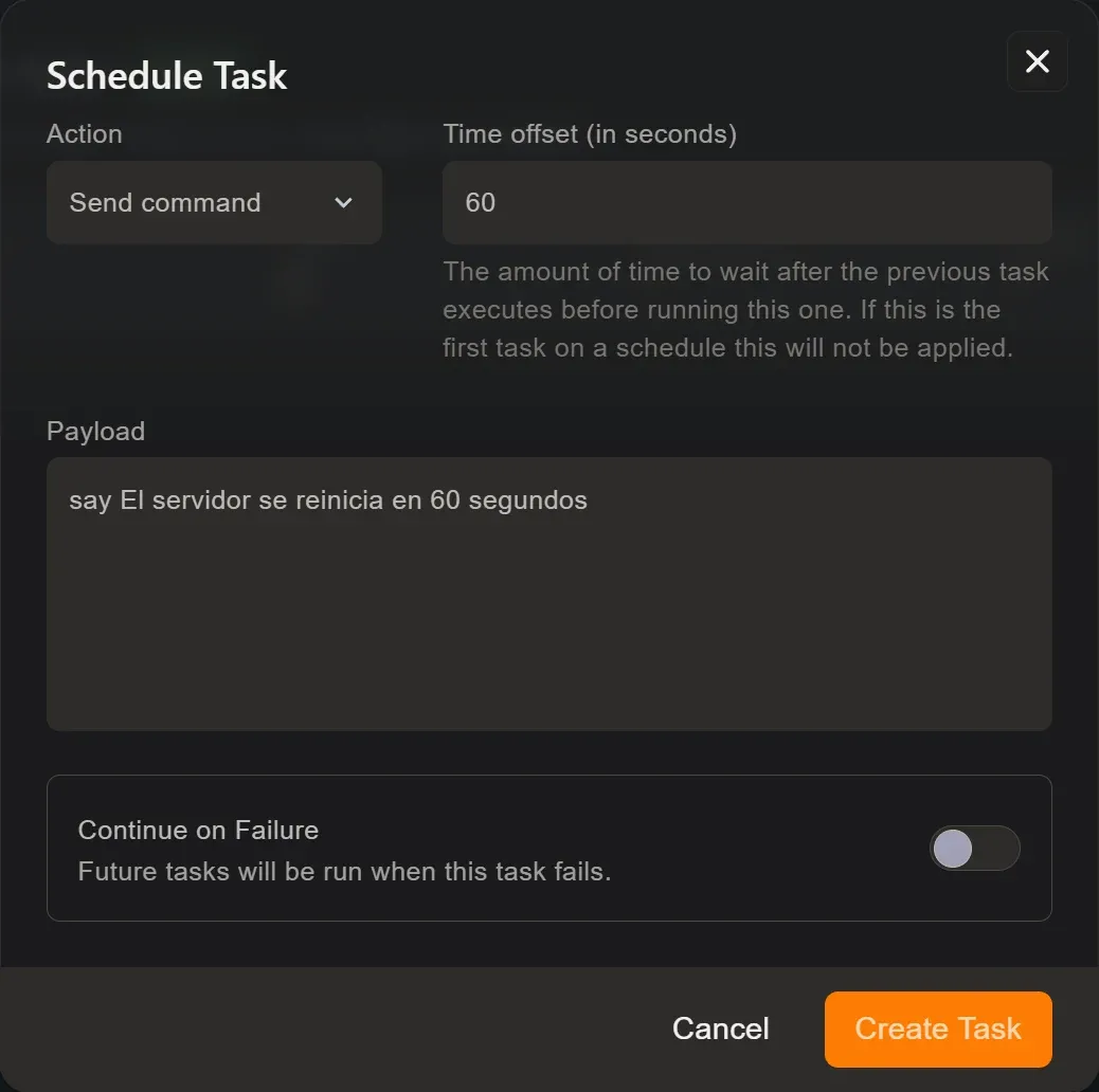 Ventana Create Task con el desplegable Action en Send command, el campo Time offset, el Payload con el comando say del aviso y el interruptor Continue on Failure