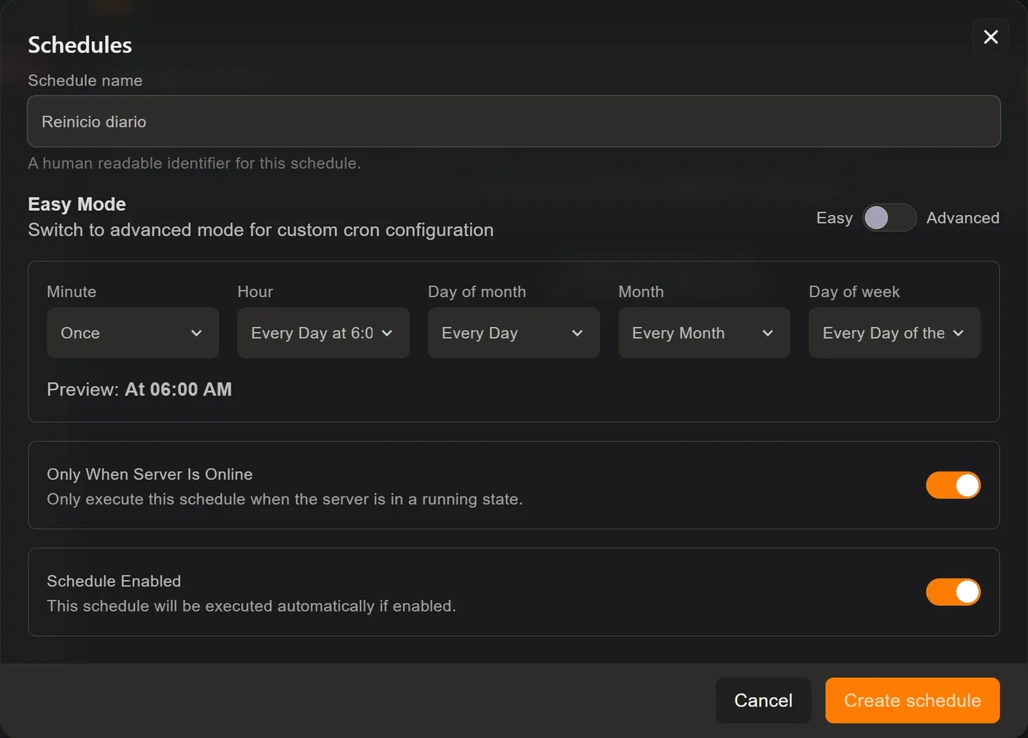 Ventana Create new schedule con el nombre puesto, el modo fácil activo, los cinco desplegables de periodicidad y la vista previa que dice At 06:00 AM