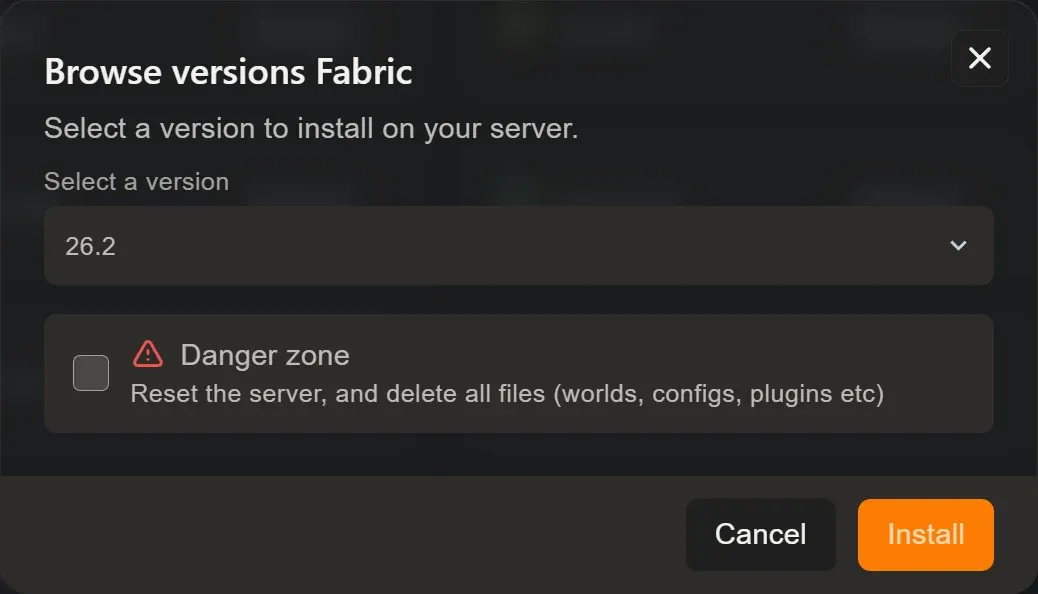 Ventana Browse versions Fabric con el desplegable de versión, la casilla Danger zone desmarcada y el botón Install