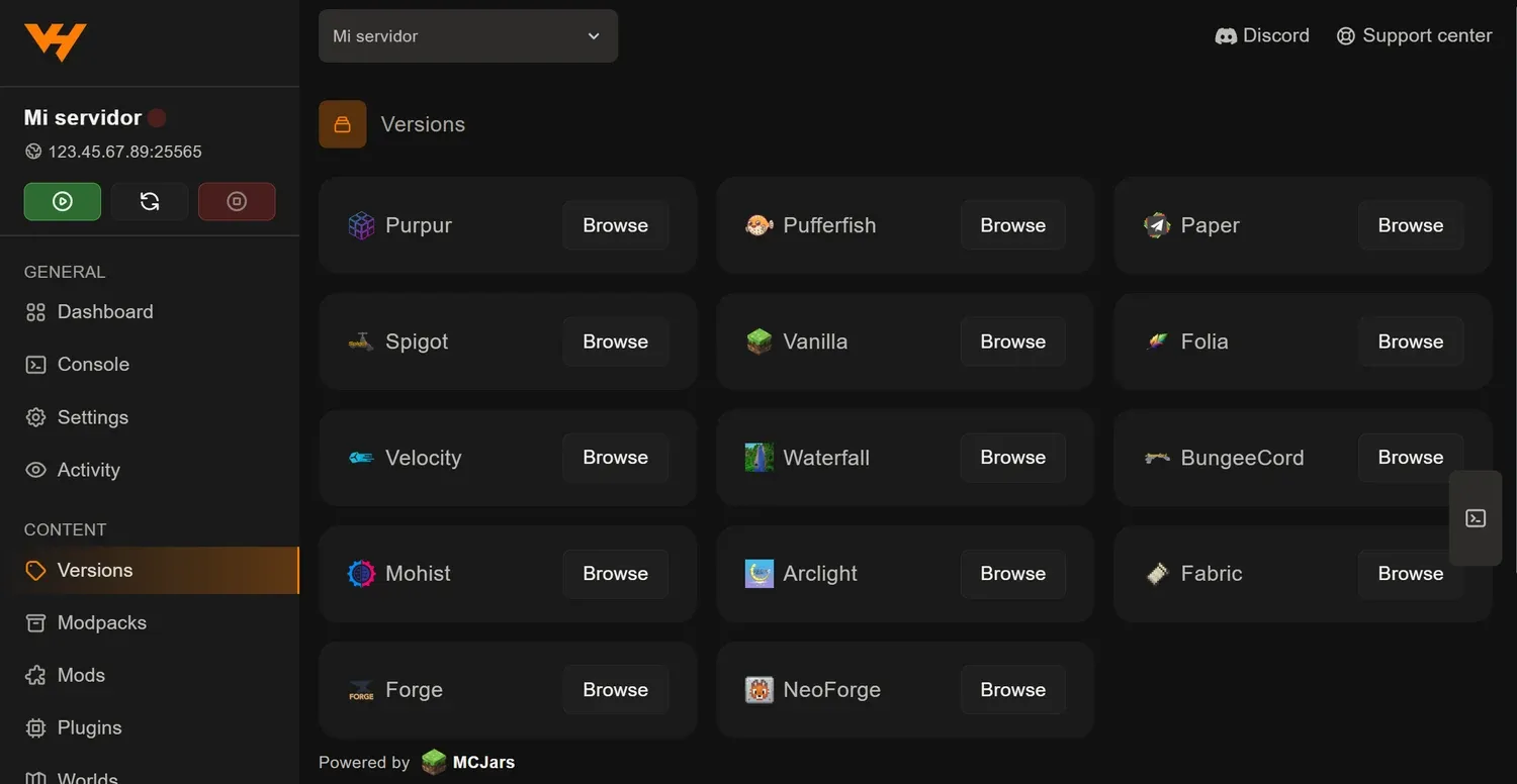 Pestaña Versions del panel con las tarjetas de los catorce softwares disponibles, cada una con su botón Browse
